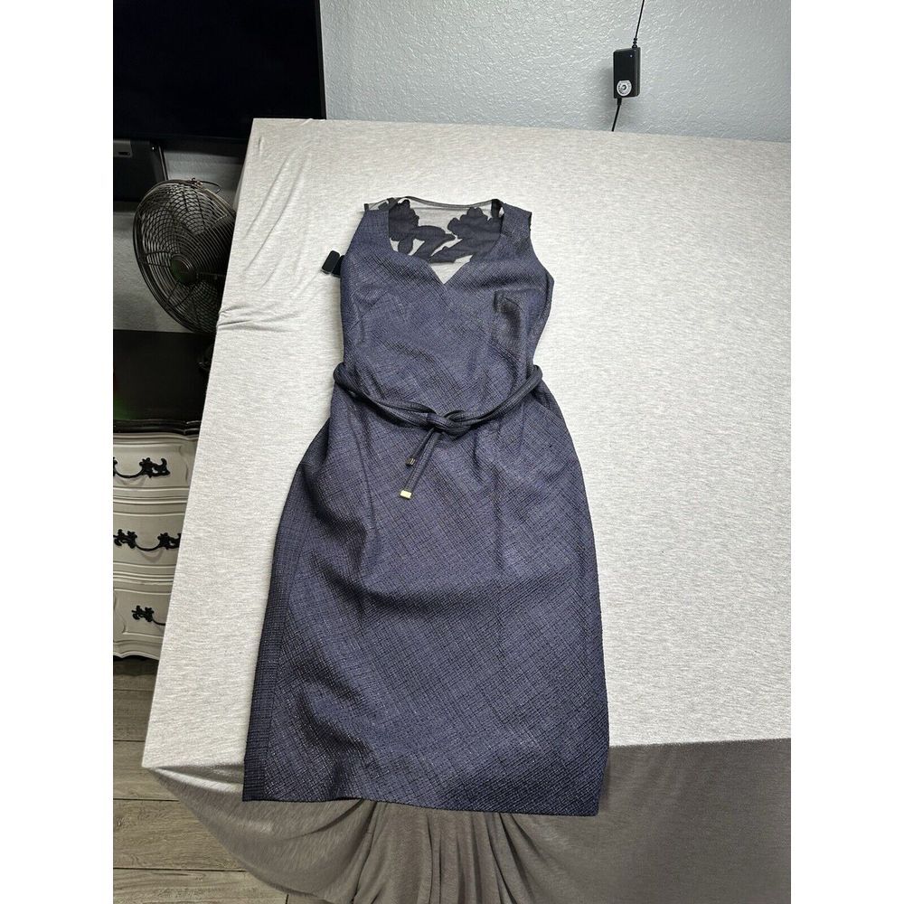 NWT Escada Daphne Navy Blue Sheath Tie Dress Wool/Silk Blend Size 34